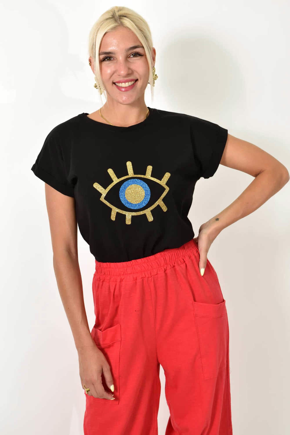 Γυναικείο T-shirt με στάμπα μάτι Μαύρο 25591 φωτογραφία