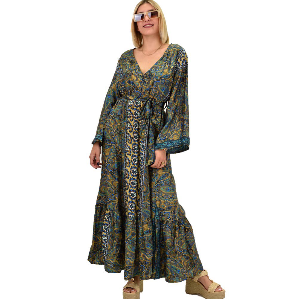 Γυναικείο μεταξωτό boho φόρεμα με ζώνη Μπεζ 20473
