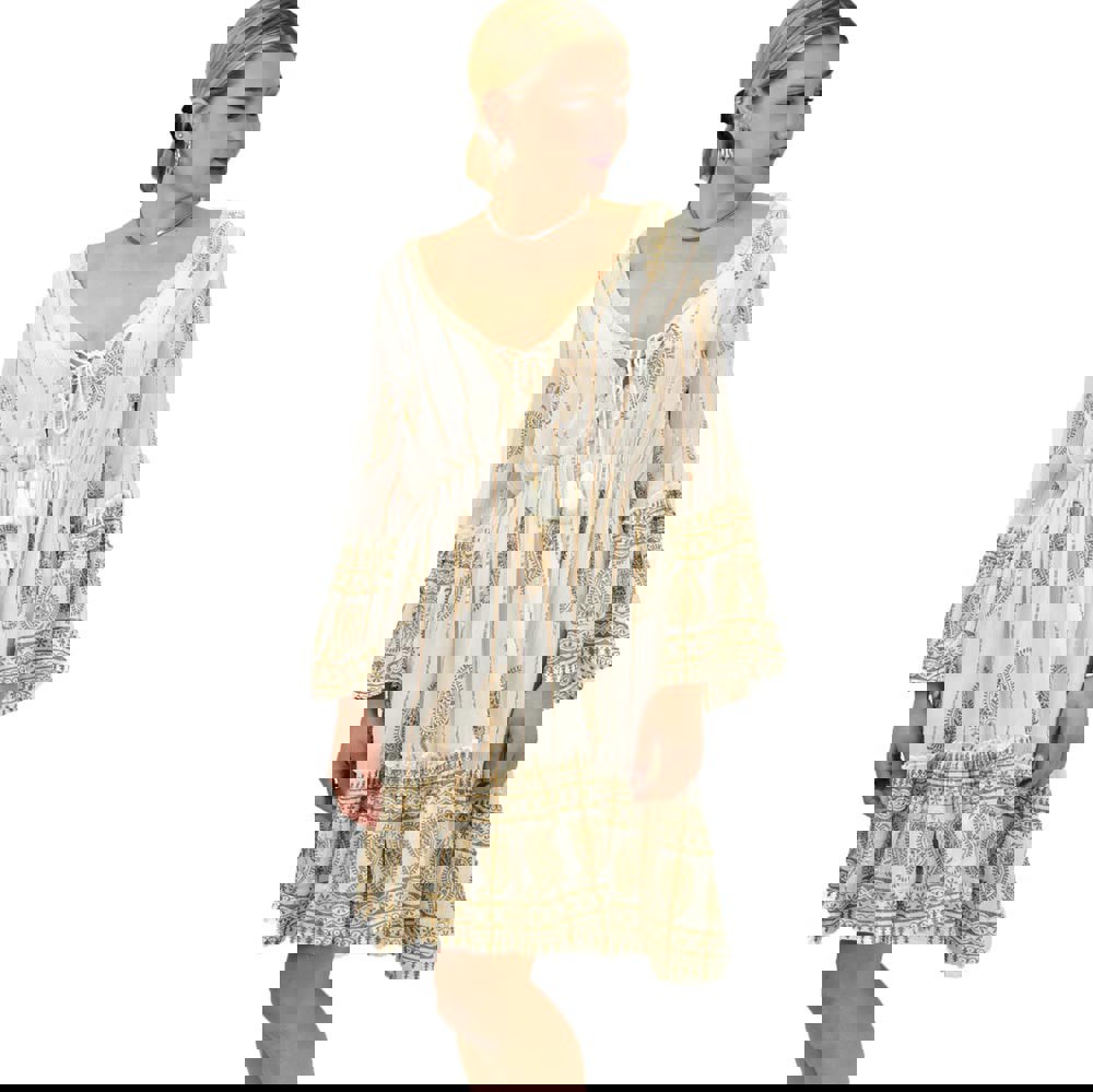 Γυναικείο midi καφτάνι σε διχρωμία Εκρού 20414