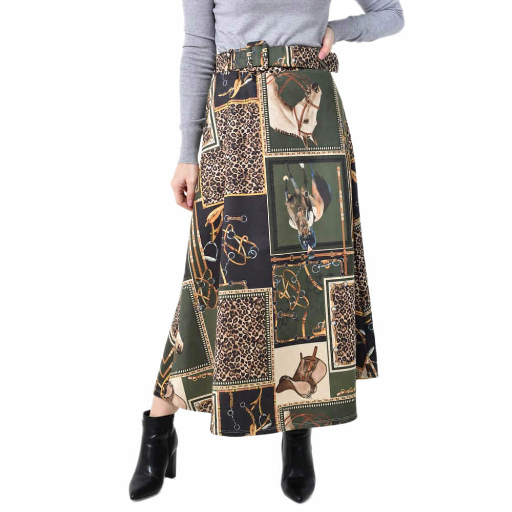 Ψηλόμεση Midi Φούστα Εβαζέ με Ασορτί Ζώνη Χακί 27254