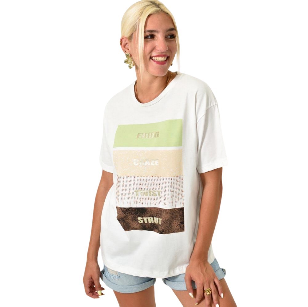 Γυναικείο T-shirt με τύπωμα και στρας Λευκό 25506