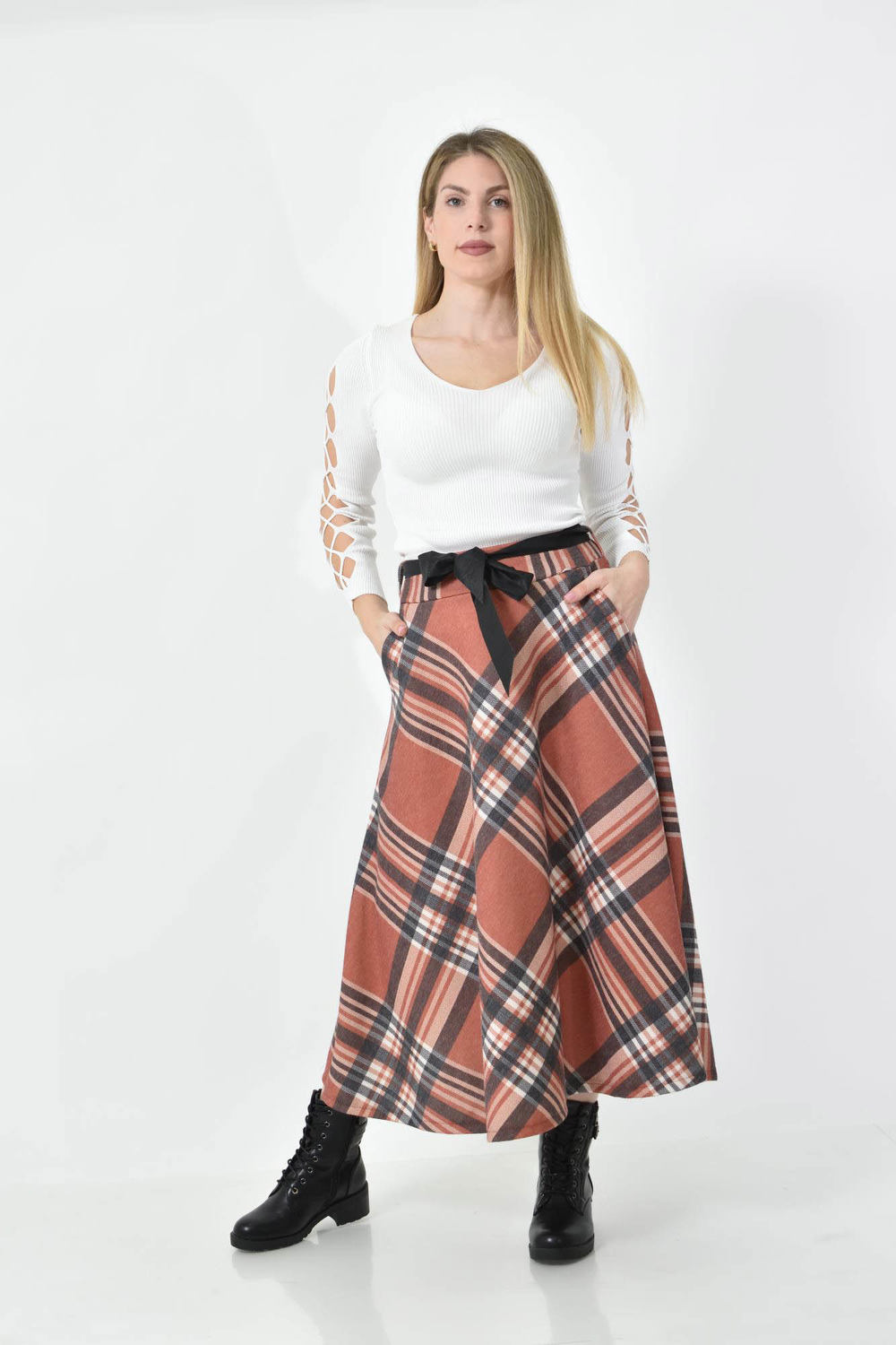 Ψηλόμεση Midi Καρό Φούστα με Τσέπες & Ζώνη Κεραμιδί 27221 φωτογραφία