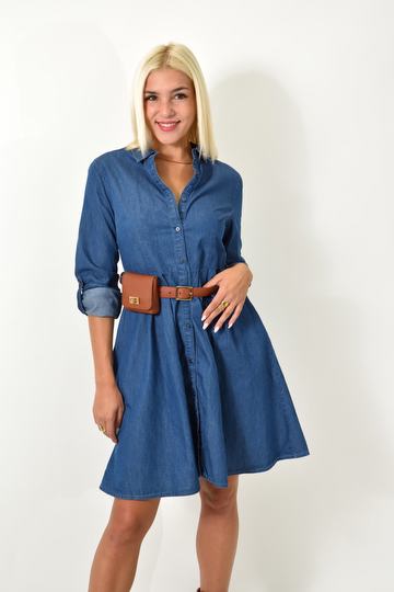 Γυναικείο φόρεμα σεμιζιέ μπλε τζιν με αποσπώμενη ζώνη