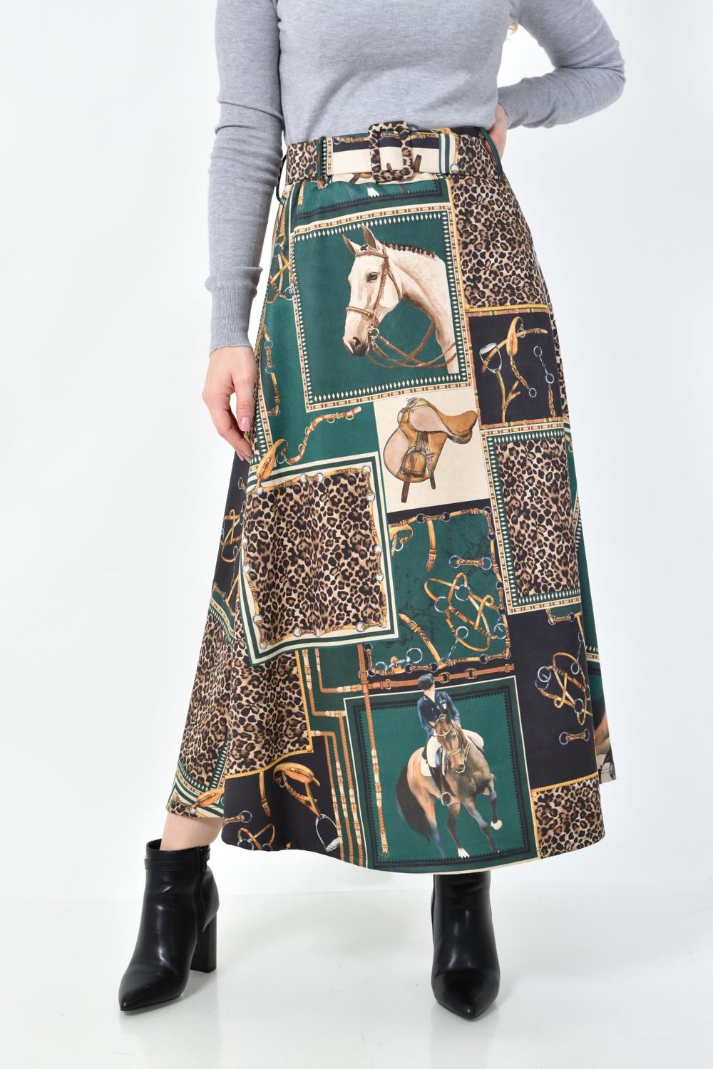 Ψηλόμεση Midi Φούστα Εβαζέ με Ασορτί Ζώνη Λαδί 27255 φωτογραφία