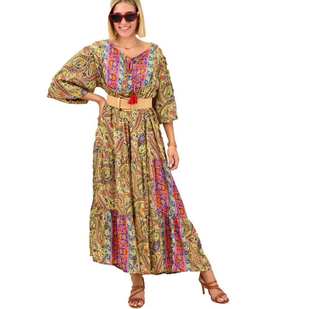 Γυναικείο μεταξωτό φόρεμα boho maxi Κίτρινο 16646
