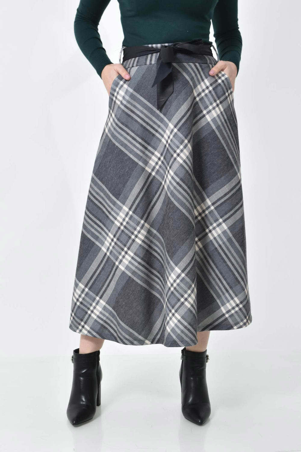 Ψηλόμεση Midi Καρό Φούστα με Τσέπες & Ζώνη Γκρι 27217 φωτογραφία
