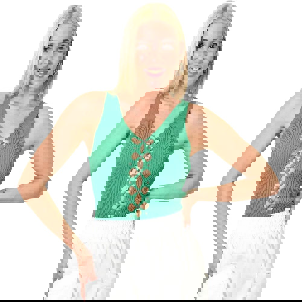 Πλεκτό τοπ με άνοιγμα και στρας Πράσινο 23735