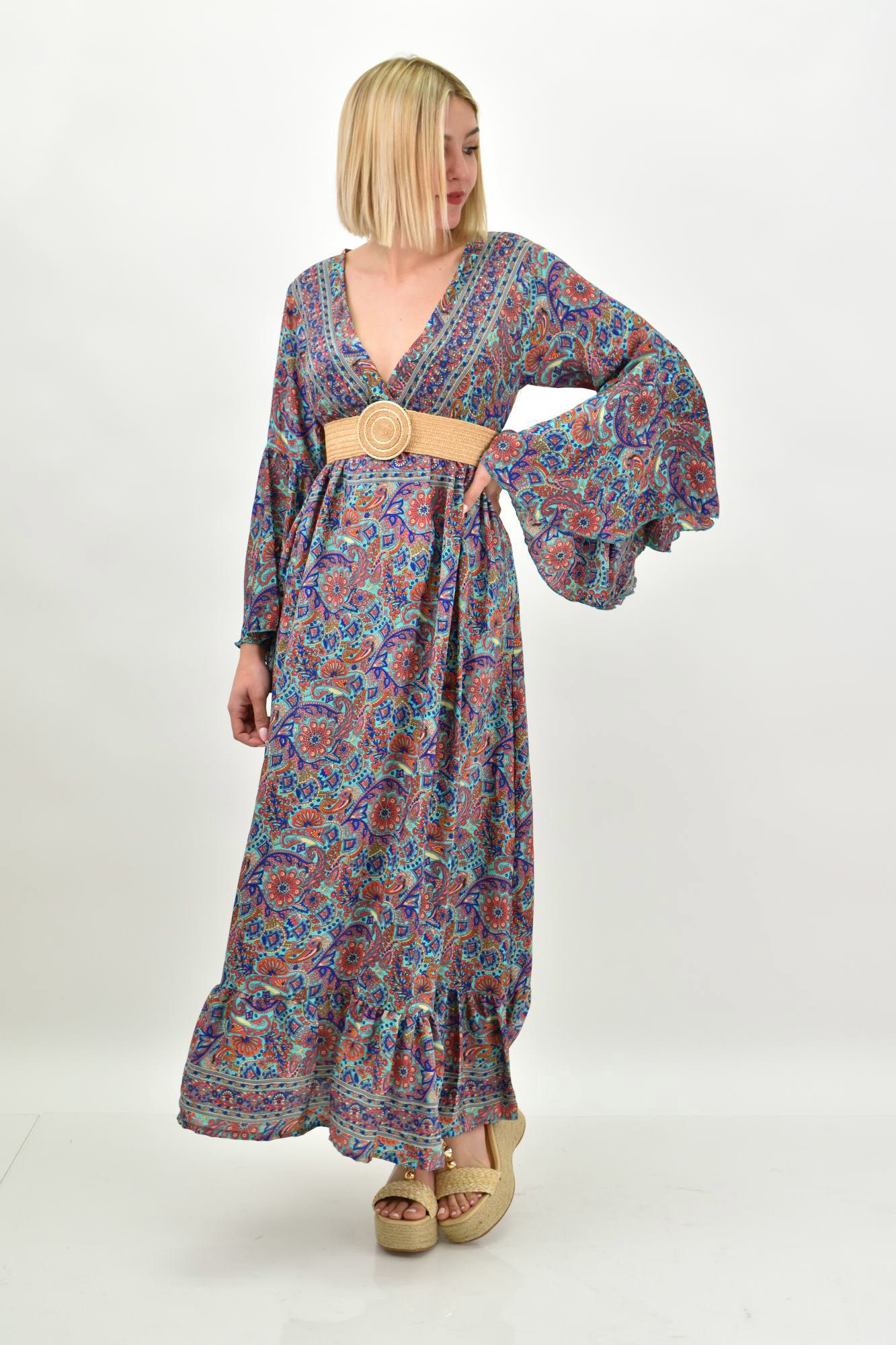 Γυναικείο μεταξωτό boho φόρεμα με τσέπες χωρίς ζώνη Μπλε 19423