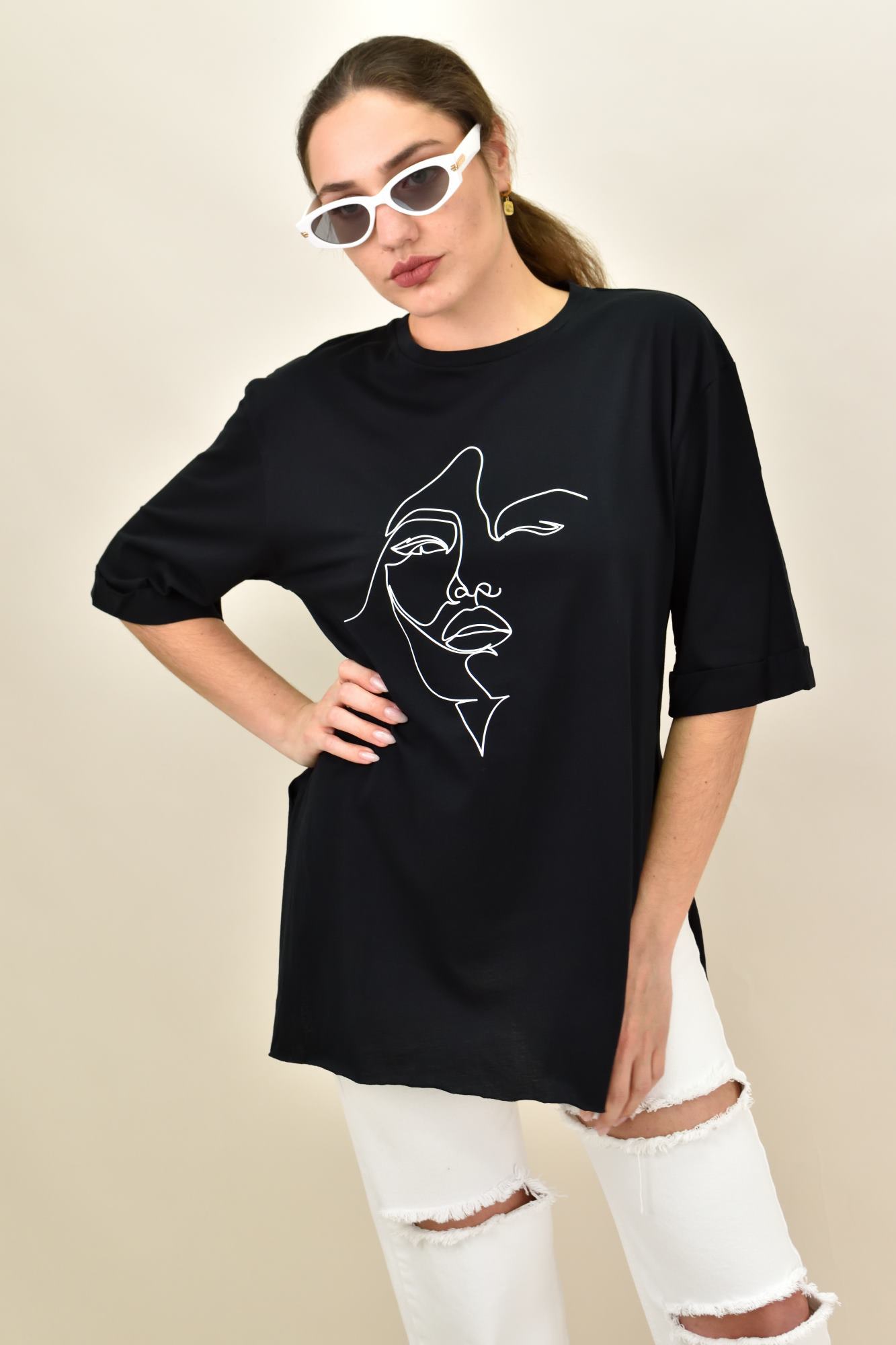 Γυναικείο T-shirt με τύπωμα πρόσωπο Μαύρο 15280
