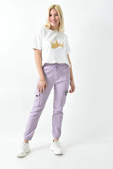  - Γυναικείο t-shirt με χρυσό τύπωμα κορώνα και στρογγυλή λαιμόκοψη σε λευκό