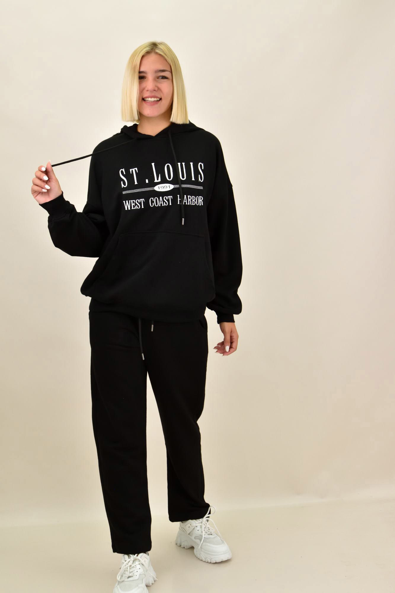 Σετ φόρμας φούτερ με κουκούλα και τύπωμα ST.LOUIS Μαύρο 17560