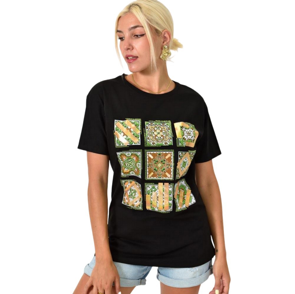 Γυναικείο T-shirt με τύπωμα και στρας Μαύρο 25513