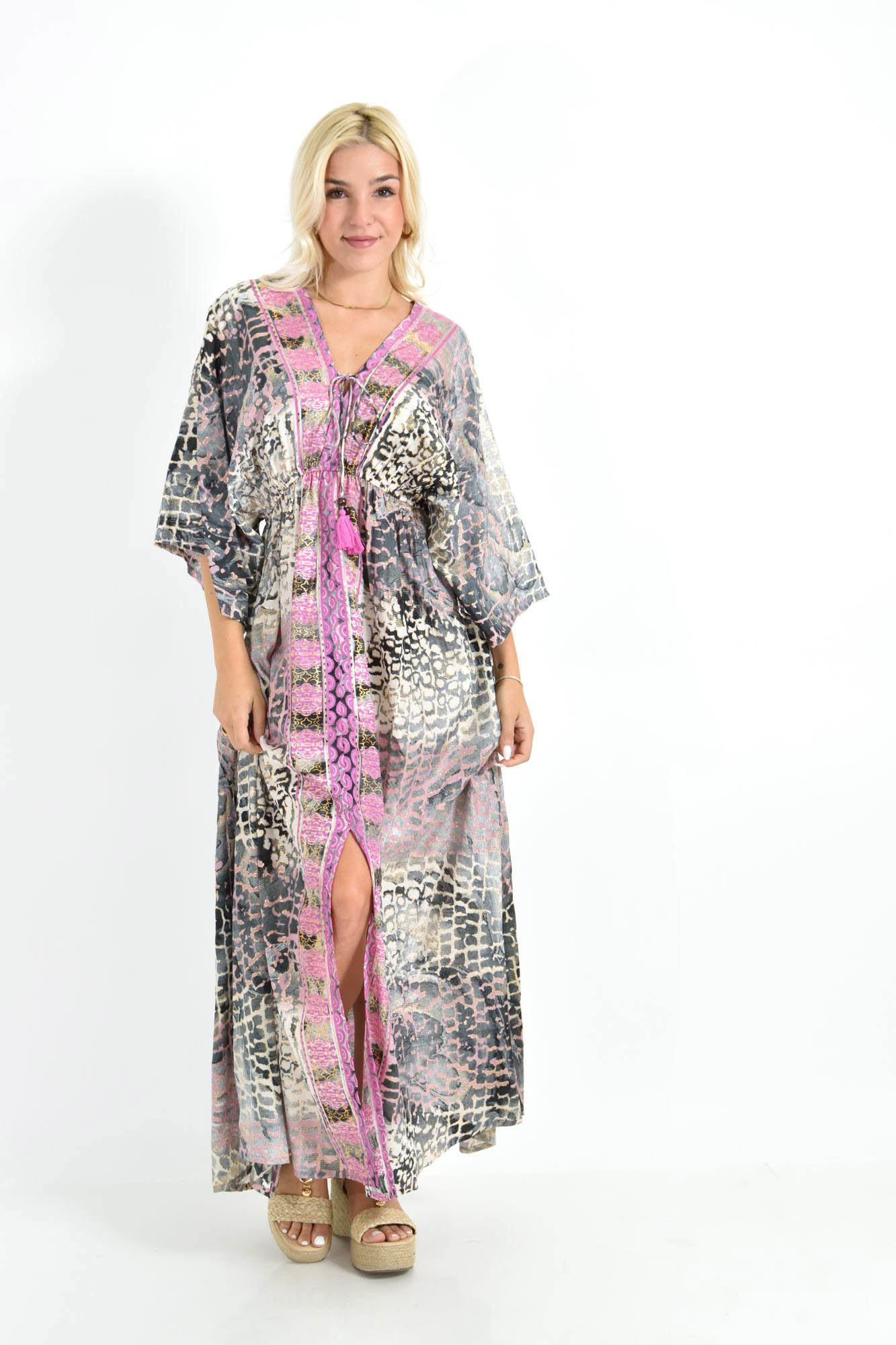 Καφτάνι Μάξι με Animal Print & Φαρδιά Μανίκια Φούξια 26706
