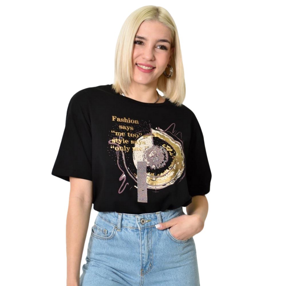 Γυναικείο T-shirt με τύπωμα και στρας Μαύρο 23769