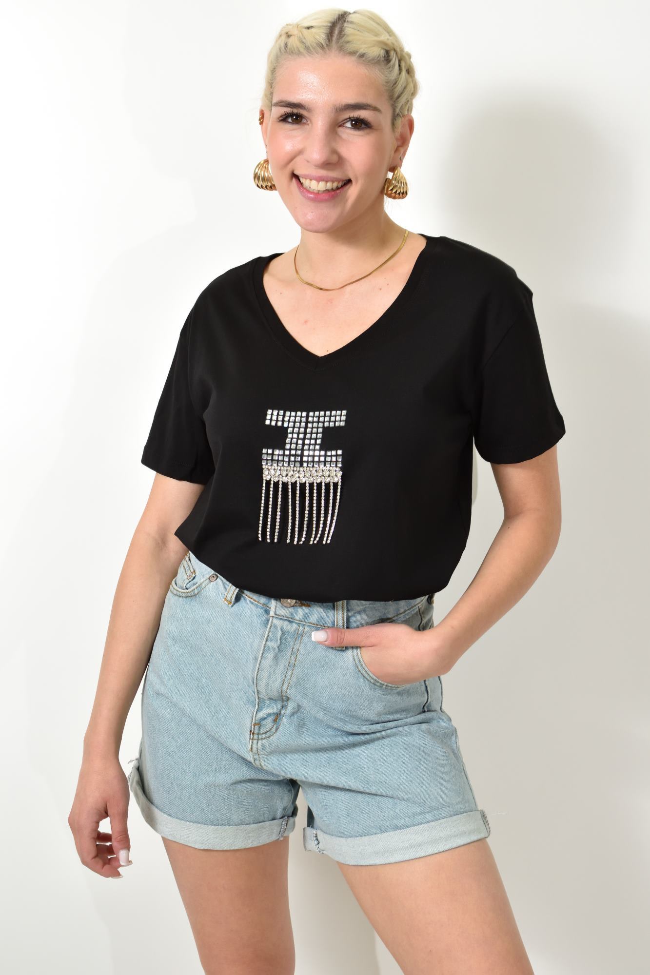 T-shirt με στρας Μαύρο 24151