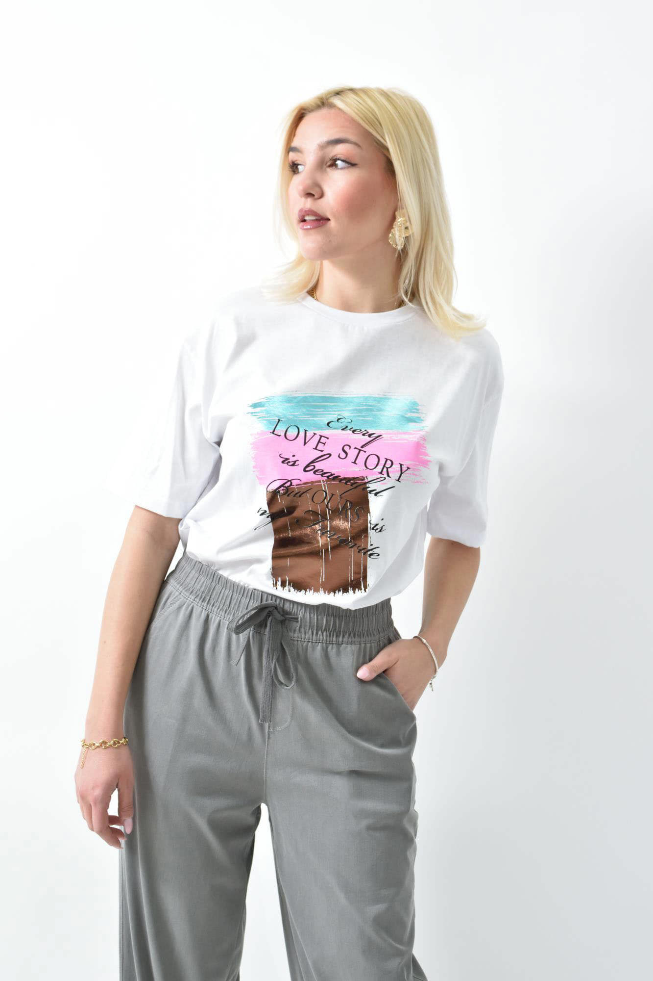 Γυναικείο T-shirt με μεταλιζέ σχέδιο Λευκό 26429