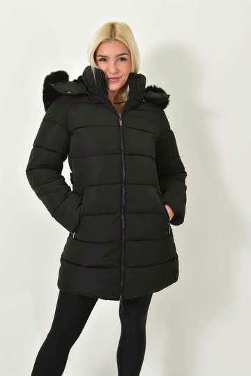Καπιτονέ Μακρύ Μπουφάν με Κουκούλα Μαύρο