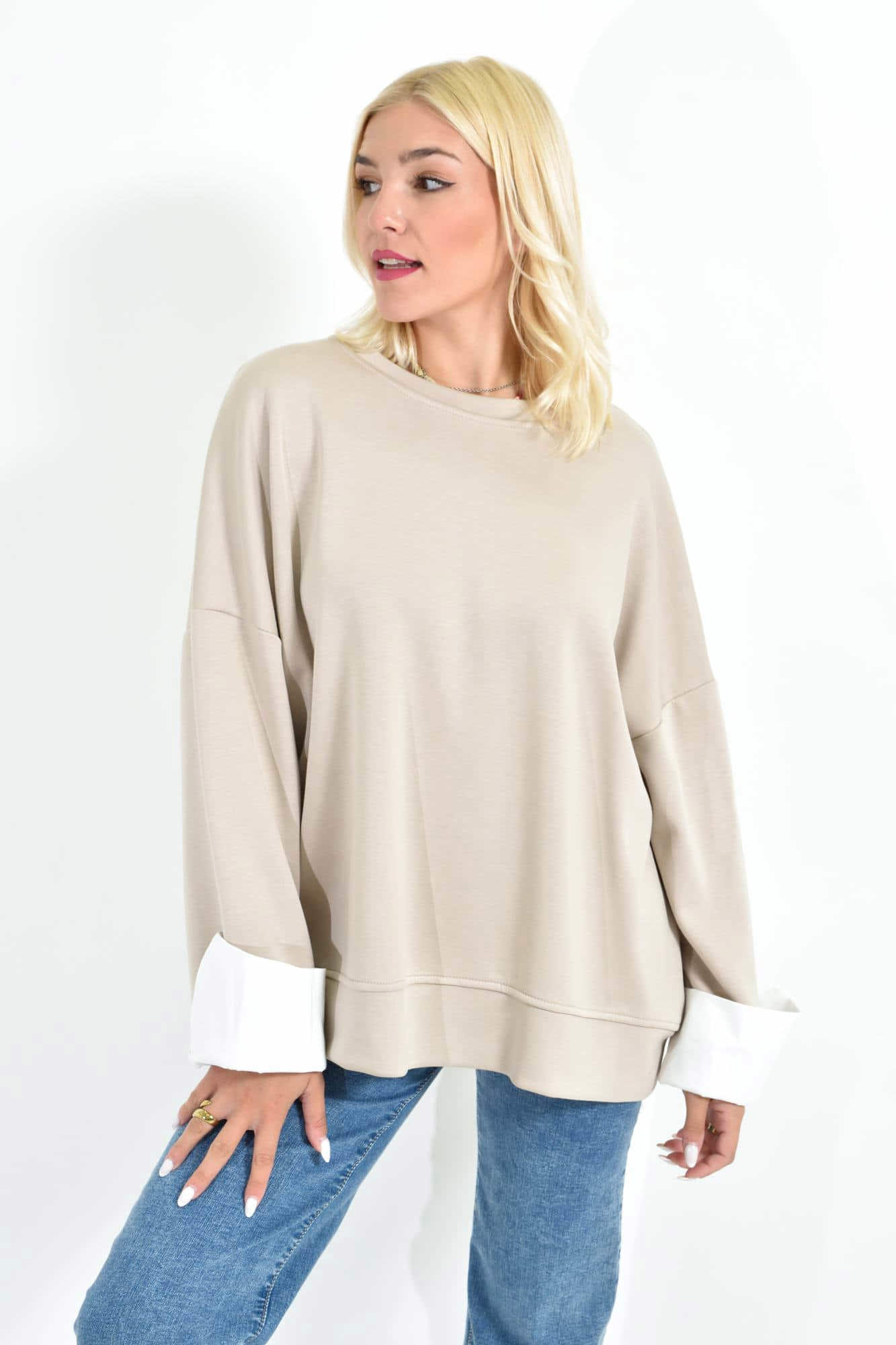 Γυναικεία Μπεζ Oversized Μπλούζα με Λευκά Ρεβέρ Πουκαμίσου Μπεζ 27061