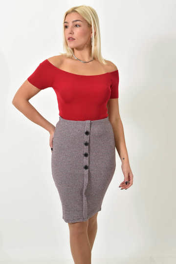  - Κόκκινη κοντή καρό φούστα με κουμπιά