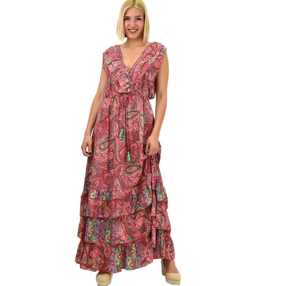 Γυναικείο μεταξωτό boho φόρεμα με βολάν Ροζ 20634