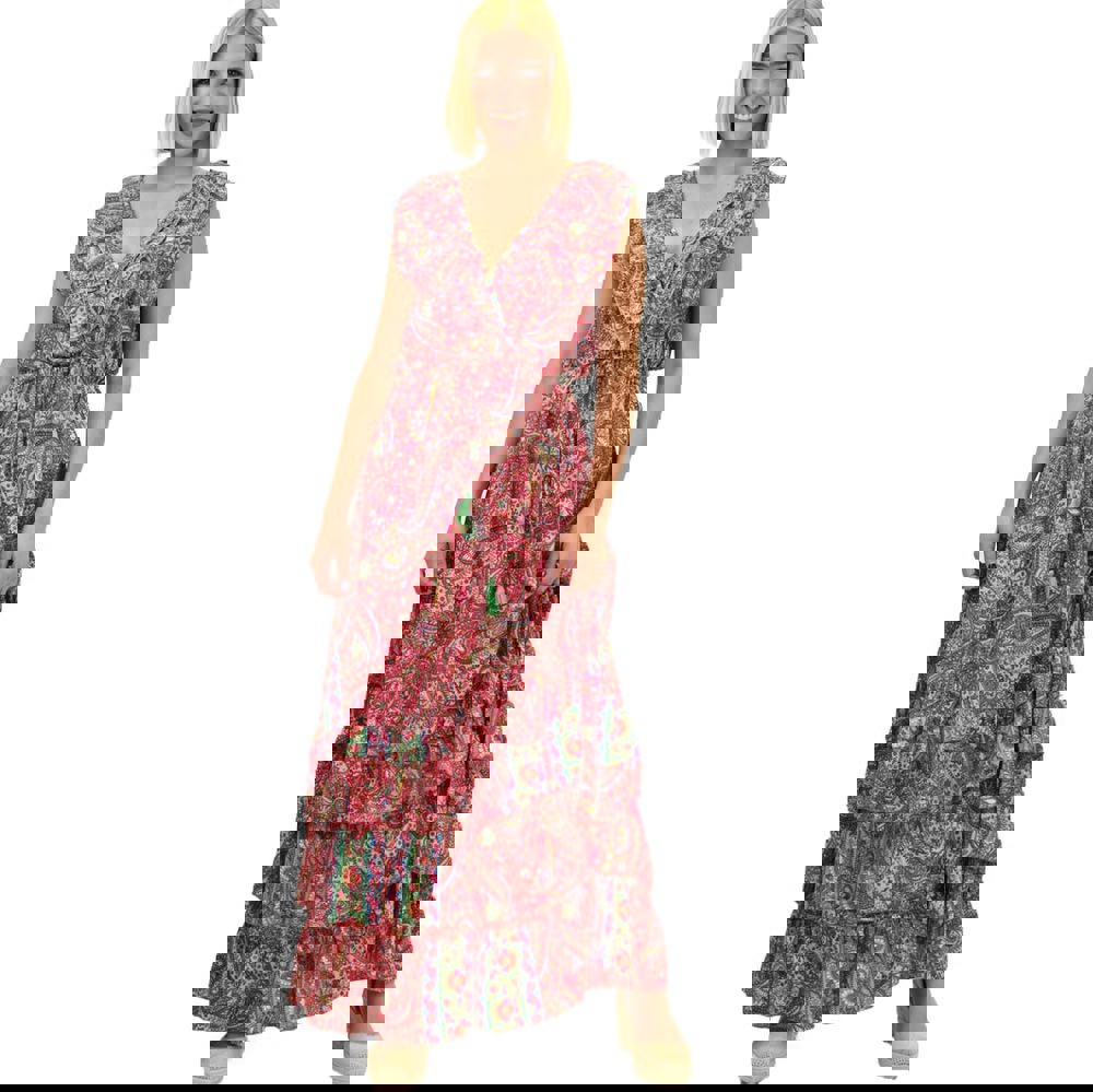 Γυναικείο μεταξωτό boho φόρεμα με βολάν Ροζ 20634