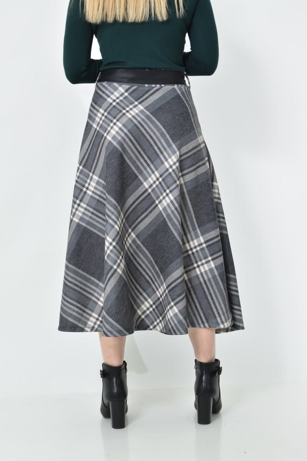 Ψηλόμεση Midi Καρό Φούστα με Τσέπες & Ζώνη Γκρι 27217 φωτογραφία