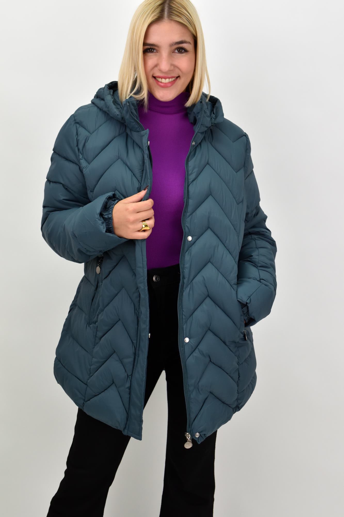 Γυναικείο plus size μπουφάν με κρυφό φερμουάρ Πετρόλ 22314