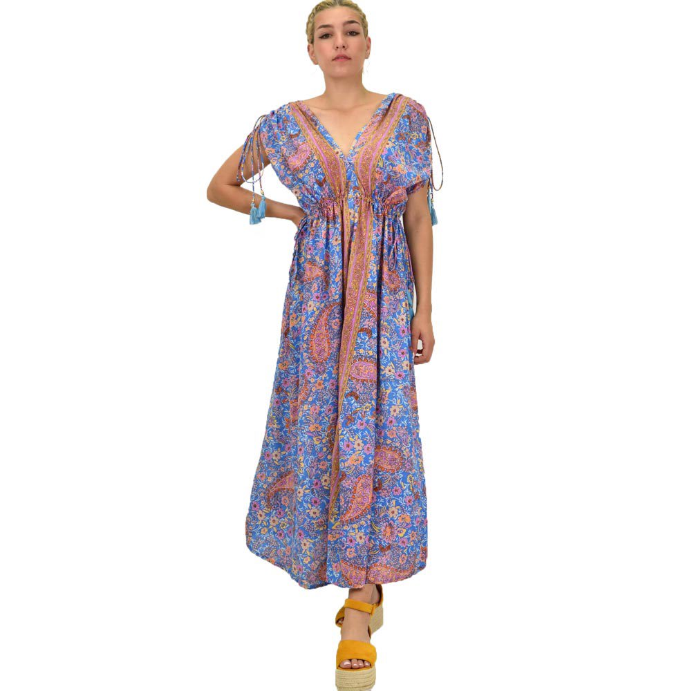 Γυναικείο μεταξωτό boho φόρεμα με κρόσια Σιέλ 21200