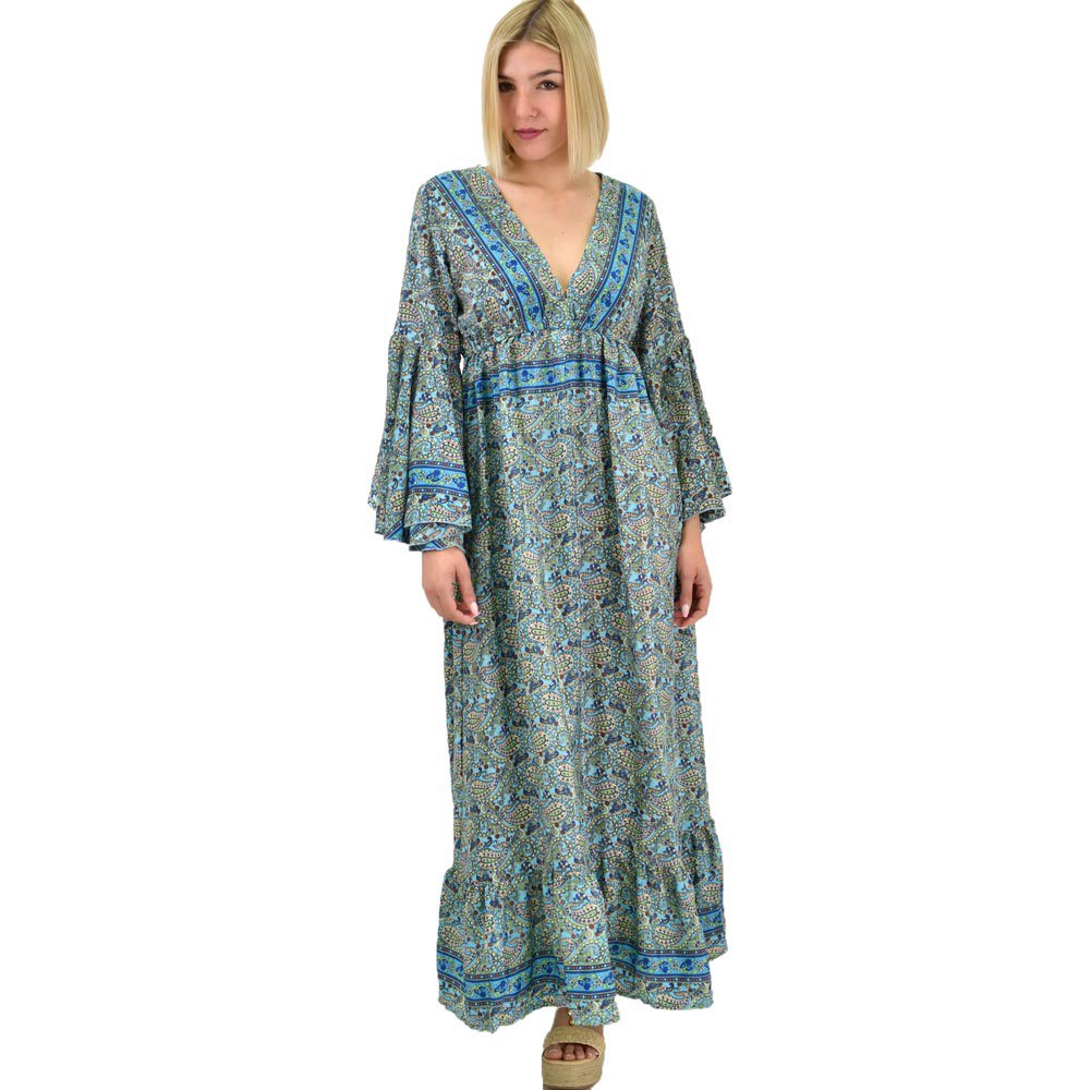 Γυναικείο μεταξωτό boho φόρεμα με τσέπες χωρίς ζώνη Μπλε 19688