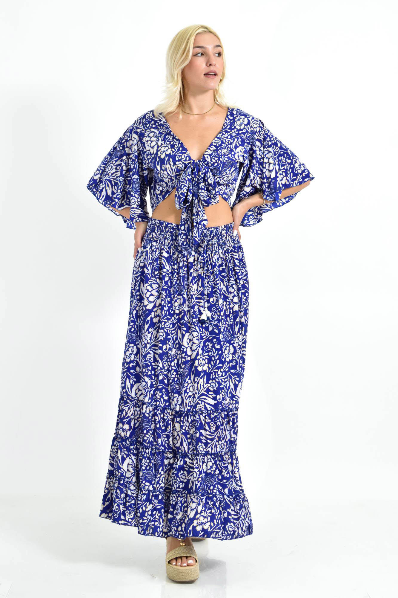 Boho Σετ με Φλοράλ Δέσιμο & Maxi Φούστα Μπλε 26616