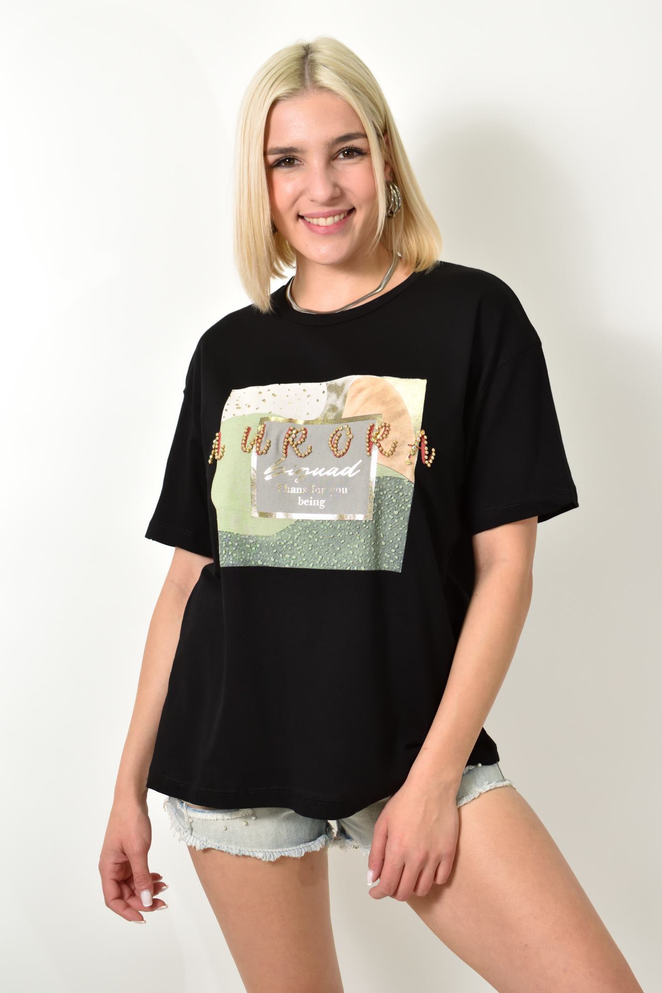 Γυναικείο T-shirt με στρας aurora Μαύρο 23966