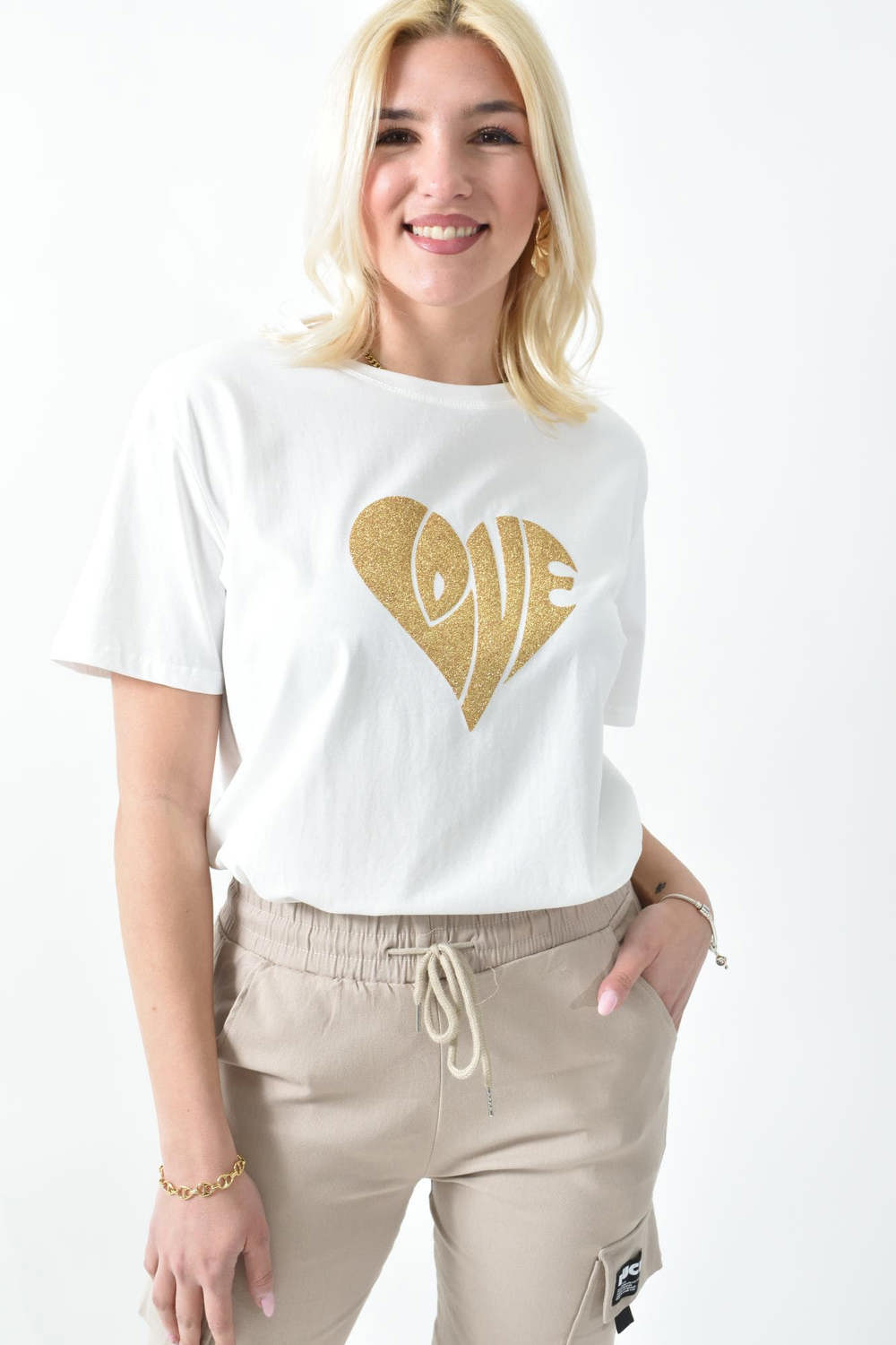 Γυναικείο T-shirt με χρυσό τύπωμα καρδιά LOVE Λευκό 26387 φωτογραφία