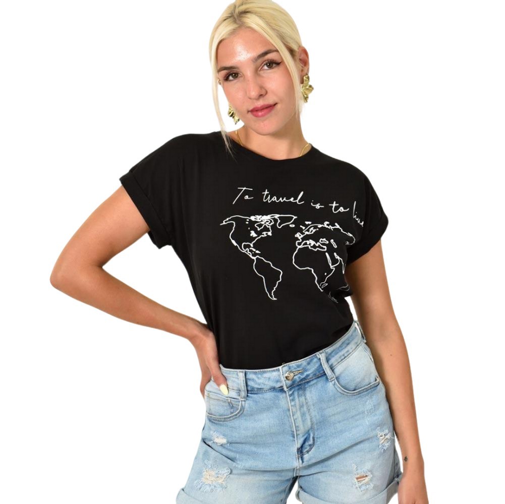 Γυναικείο T-shirt με τύπωμα to travel is to live Μαύρο 25521