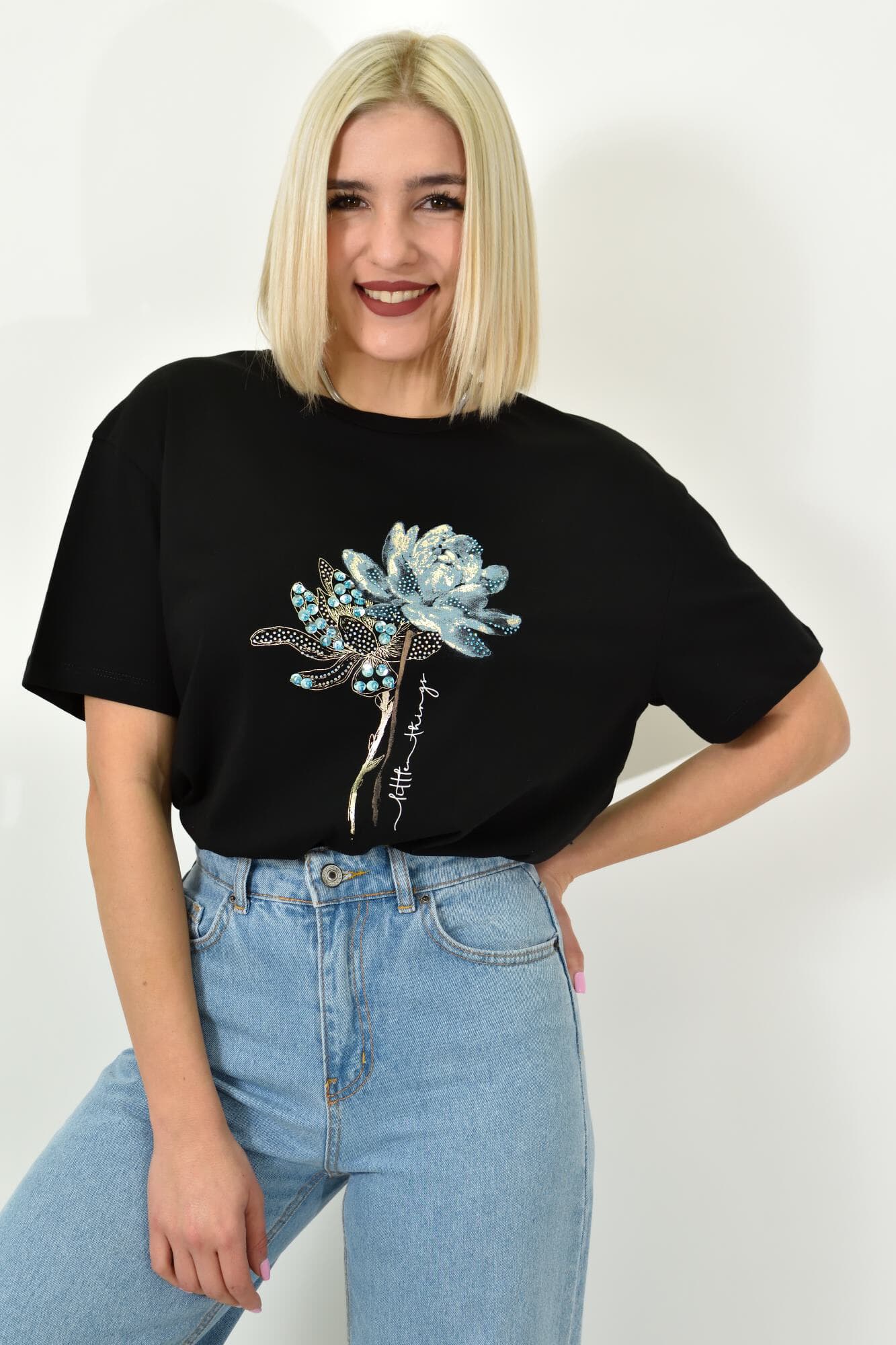 Γυναικείο T-shirt με σχέδιο και στρας λουλούδι Μαύρο 23193