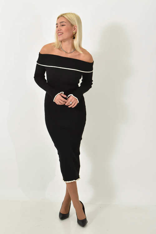 Μίντι φόρεμα στράπλες με ρέλι σε αντίθεση μαύρο