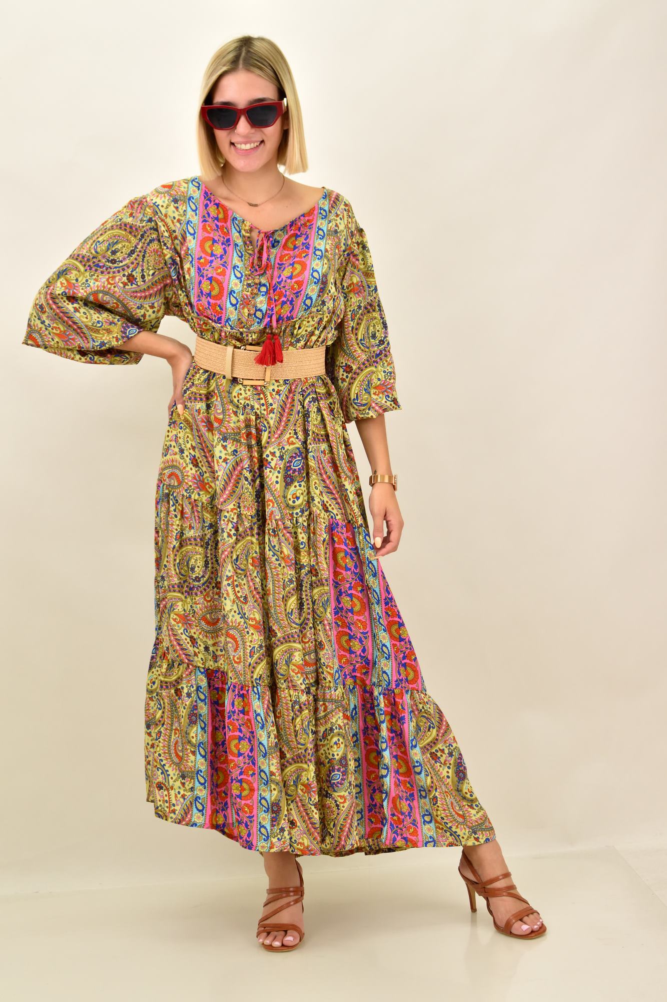 Γυναικείο μεταξωτό φόρεμα boho maxi Κίτρινο 16646