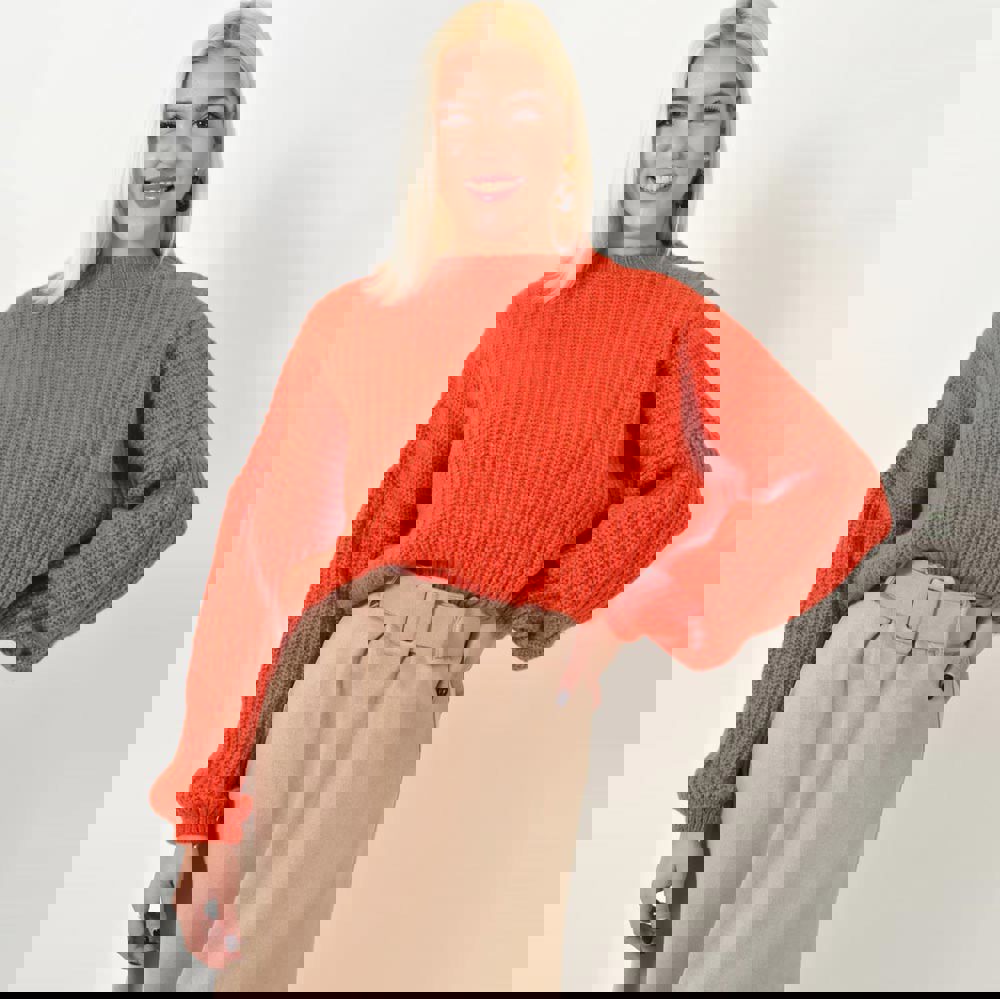 Πλεκτό Crop Πουλόβερ με Φουσκωτά Μανίκια Πορτοκαλί 23050