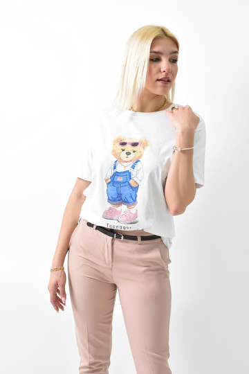  - Γυναικείο Βαμβακερό T-shirt με αρκουδάκι και στρας σε λευκό