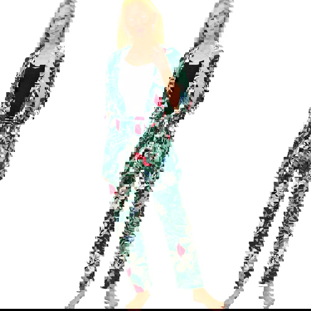 Γυναικεία πιτζάμα σετ 3 τεμ φλοράλ με ζώνη Πράσινο 14267