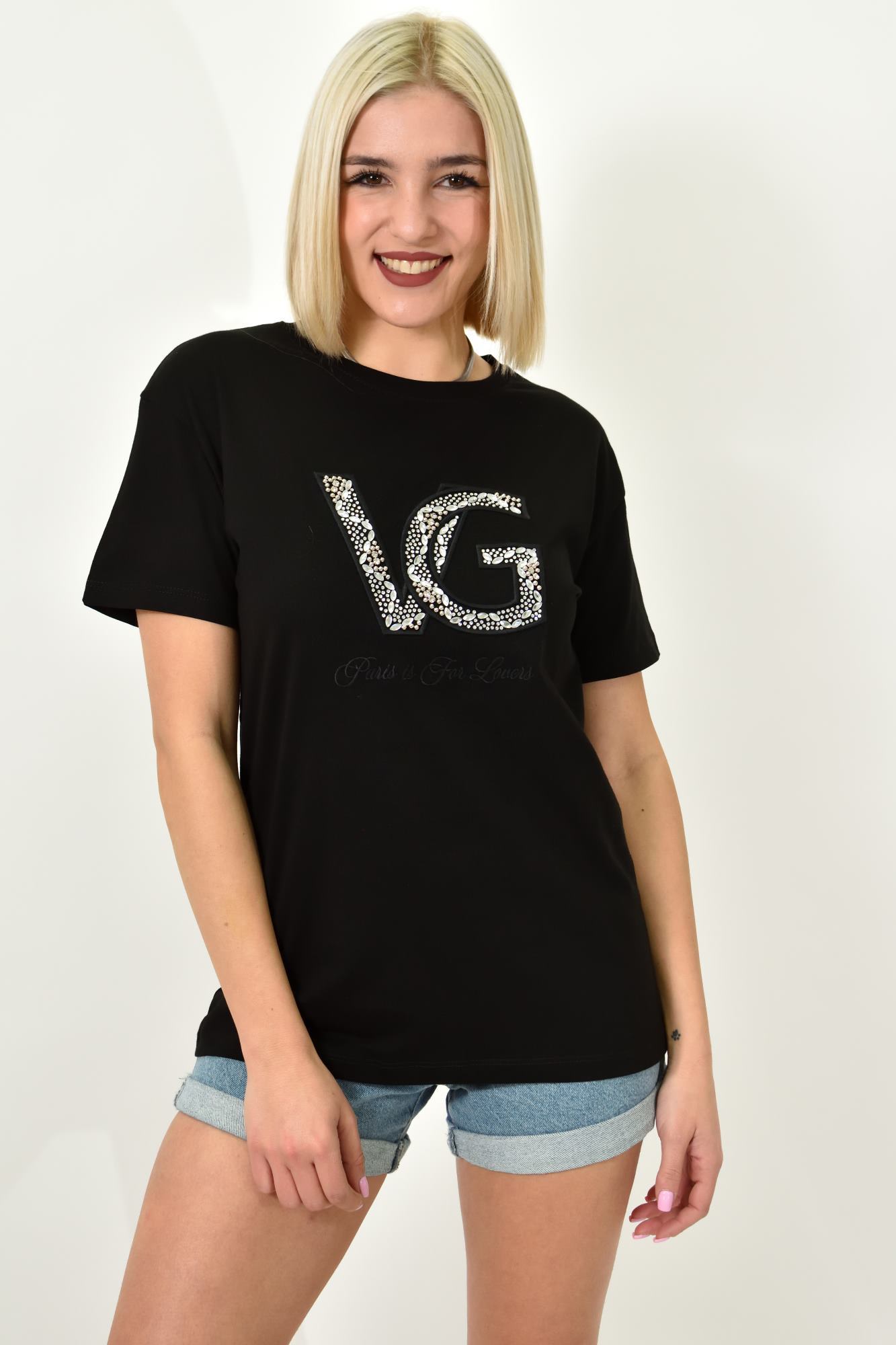 Γυναικείο T-shirt με σχέδιο και στρας VG Μαύρο 23150