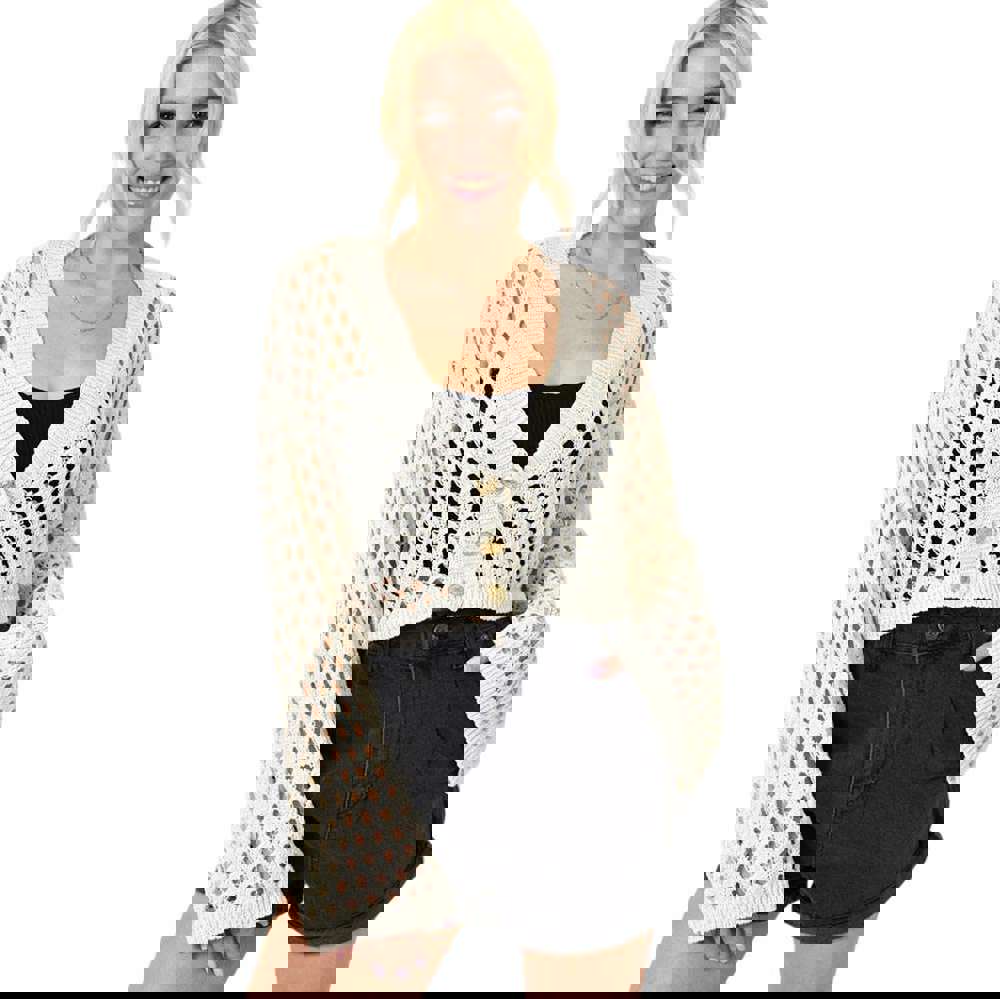 Γυναικεία crop ζακέτα με χρυσά κουμπιά Εκρού 23373