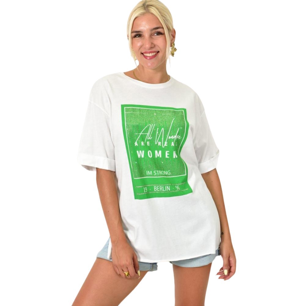 Γυναικείο T-shirt με τύπωμα και στρας Λευκό 25508
