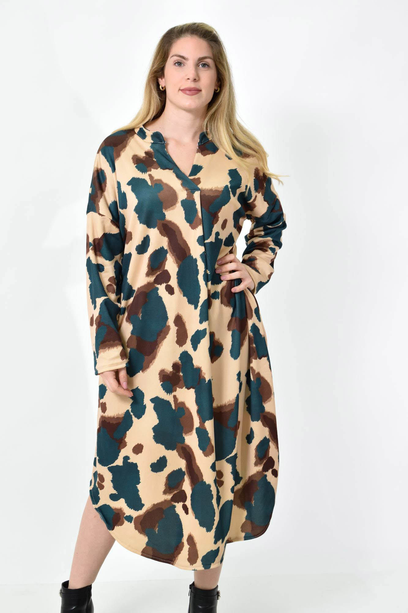Midi Σεμιζιέ Φόρεμα Abstract Animal Print - Άνετη Γραμμή Πετρόλ 27285