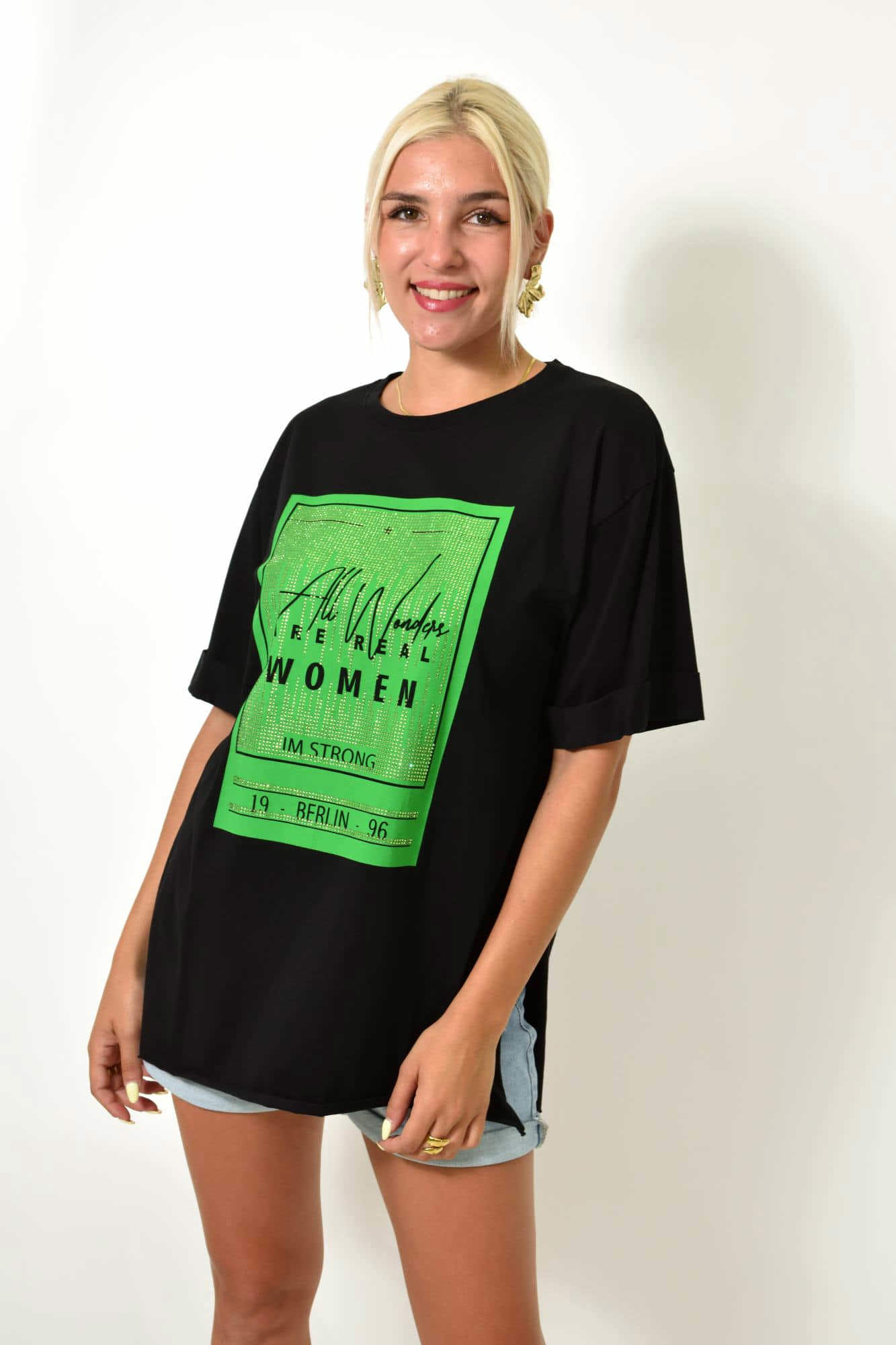 Γυναικείο T-shirt με τύπωμα και στρας Μαύρο 25509