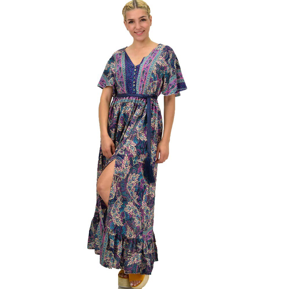 Γυναικείο μεταξωτό boho φόρεμα με κουμπιά χωρίς ζώνη Μπλε Σκούρο 21164