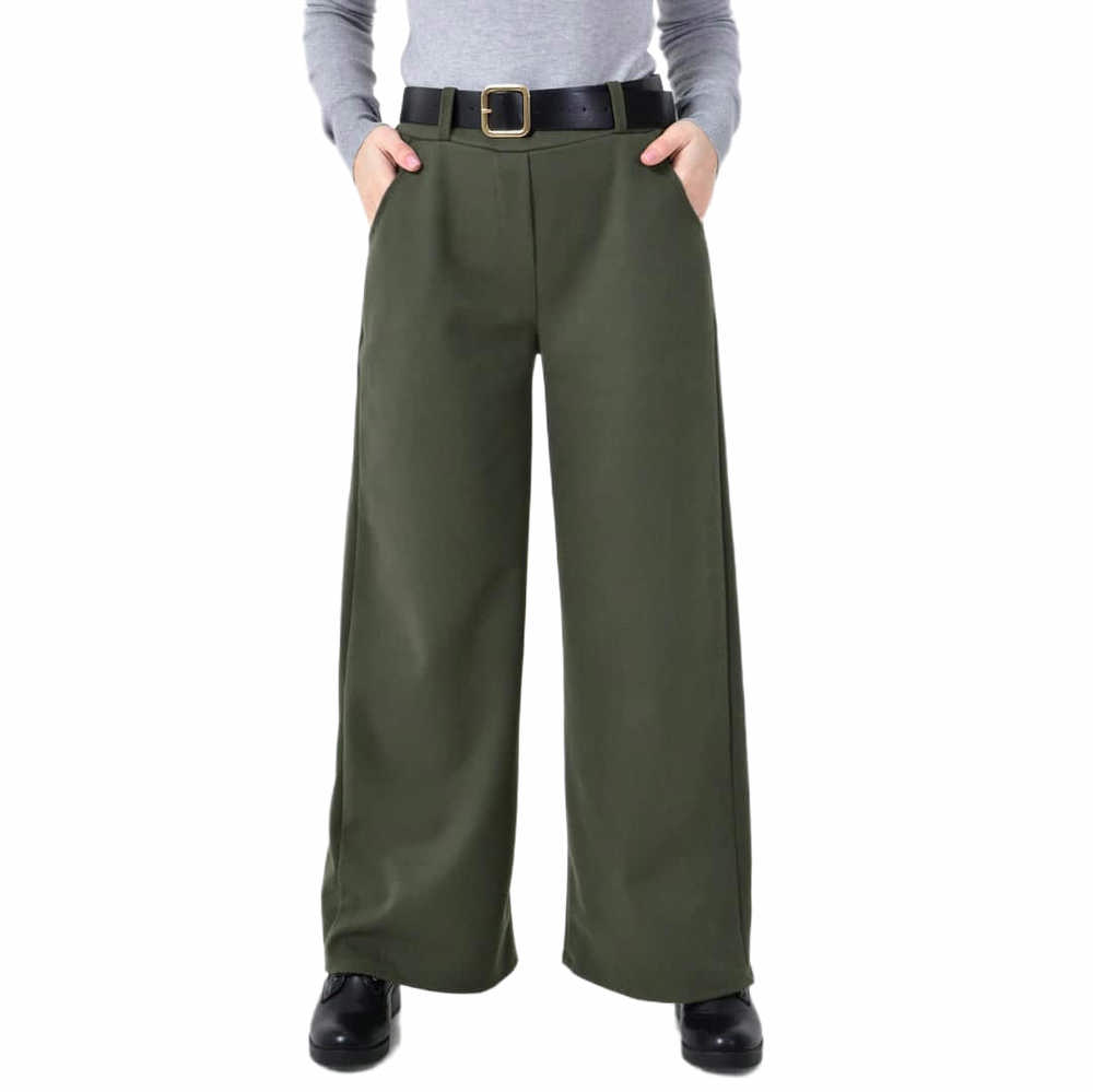 Ψηλόμεση Παντελόνα σε Ίσια Γραμμή με Ζώνη & Λάστιχο Πίσω Χακί 27246