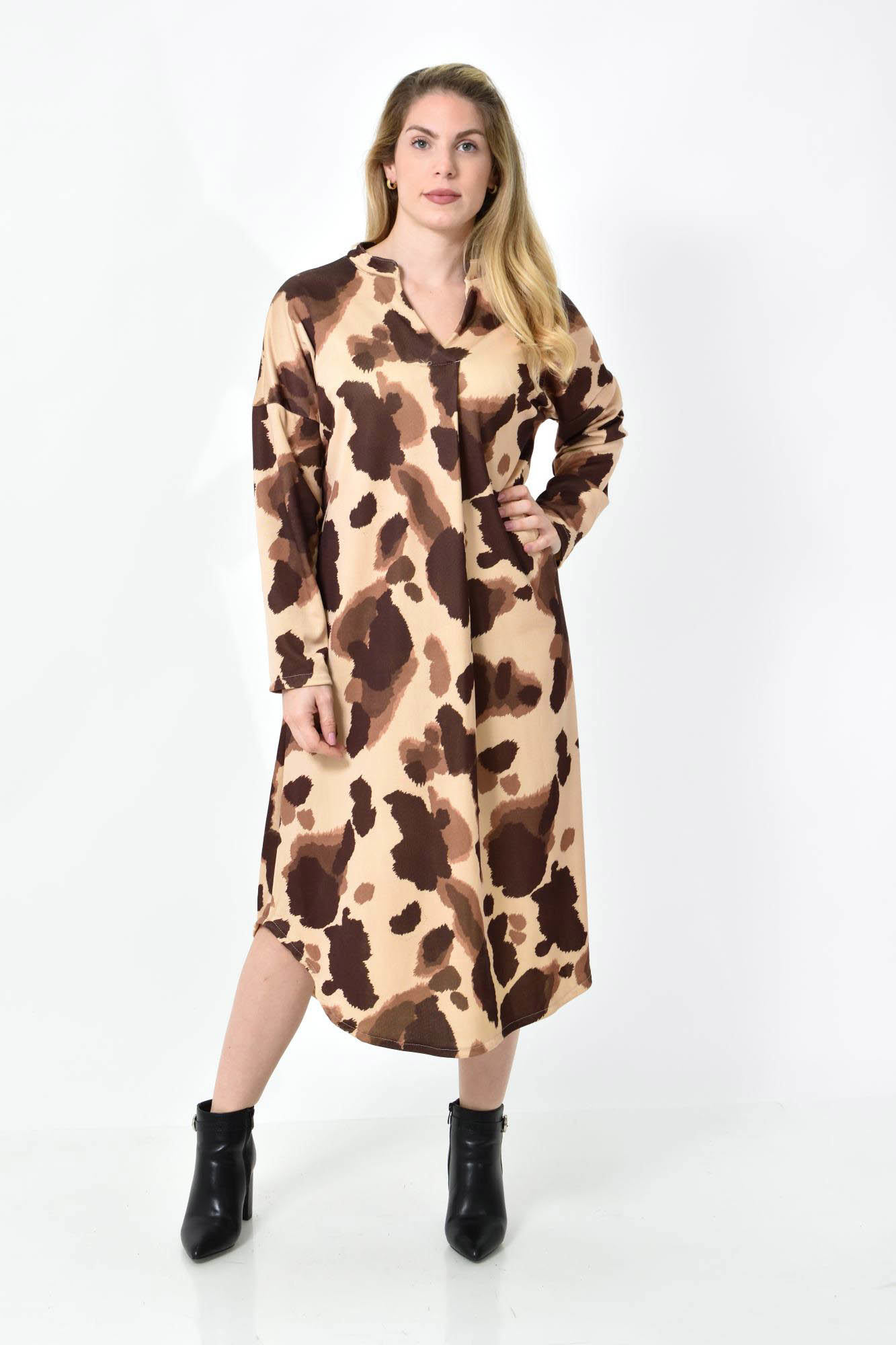 Midi Σεμιζιέ Φόρεμα Abstract Animal Print - Άνετη Γραμμή Καφέ 27290