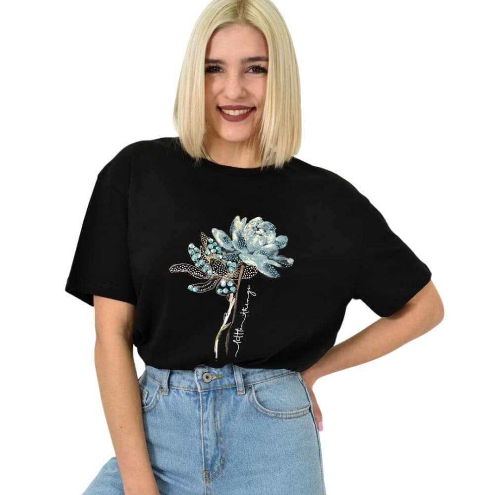 Γυναικείο T-shirt με σχέδιο και στρας λουλούδι Μαύρο 23193
