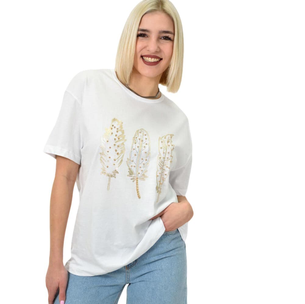 Γυναικείο T-shirt με σχέδιο φτερά Λευκό 23149
