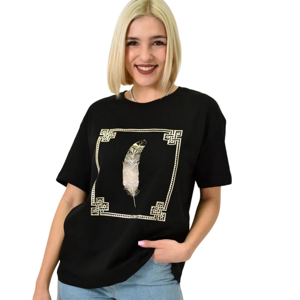 Γυναικείο T-shirt με σχέδιο φτερό Μαύρο 23195
